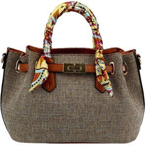 Linen with scarf Handle handbag in Coffee